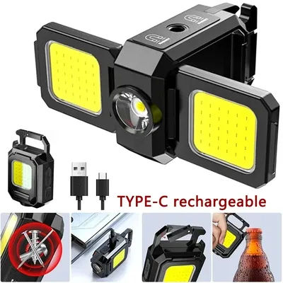 Mini Multifunctional LED Flashlight Keychain Light Double COB Lights USB Rechargeable with 90° Foldable Emergency Portable Light