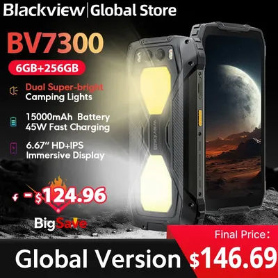 Blackview BV7300 Rugged Phone 6.67'' HD+ IPS 90Hz Display Dual Camping Light NFC 15000mAh 45W Fast Charge Android 14 Cellphone