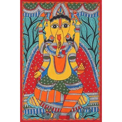 Lalitasana Ganesha,'Madhubani Ganesha Painting on Handmade Paper'