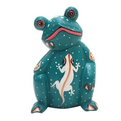 Daydreaming Frog,'Suar Wood Frog Statuette with Lizard Motif'