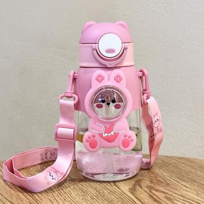 TEMU Cute Cartoon Straw Water Bottle With Leak Proof , Hand Wash Only, Round Shape, Pc Material, Ideal For Outdoor Activities, Travel, And Fitness - 1pc