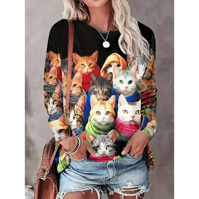 T-shirt décontracté imprimé chat 3D pour femme, manches longues, col rond, haut Harajuku, mode