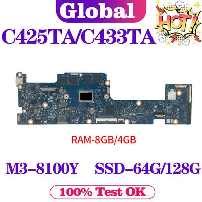 KEFU C425TA Mainboard For ASUS C433TA C425T C433T Laptop Motherboard M3-8100Y 4GB/8GB-RAM SSD-64G/128G