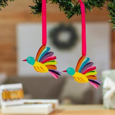 'Hand-Painted Multicolor Wood Bird Ornament Pair with Ribbons'
