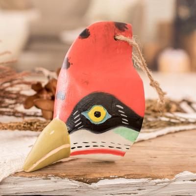 'Woodpecker-Themed Hand-Carved and Painted Wood Wall Mask'