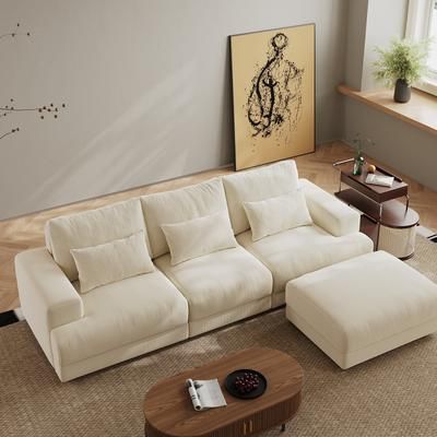 102" Plush Beige Corduroy Sofa with Ottoman, Extra Deep Corduroy Sofa, Comfy Couches for Living Room, Corduroy Fabric, Beige