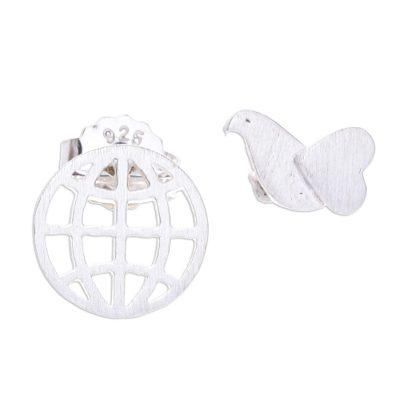 Flying to Peace,'Sterling Silver Stud Earrings with Globe and Bird Details'