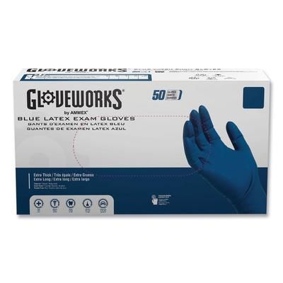 GloveWorks by AMMEX Latex Exam Gloves, Powder-Free, Medium, Blue, 50 Gloves/Box, 10 Boxes/Carton (AXCGPLHD84100)