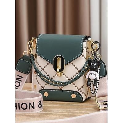mini borsa a tracolla alla moda da donna con motivo a quadri e ciondolo a forma di orso, tracolla a catena e design colorblock: perfetta per le uscite informali e l'uso quotidiano giallo terra nero