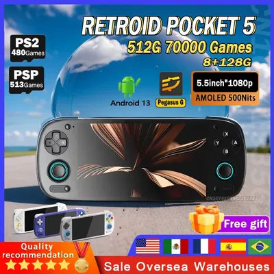 Retroid Pocket 5 RP5 Handheld Game Console 5.5 Inch 1080P OLED Touch Screen 8+128G Android13 WIFI6 BT5.1 512G 70000games Gift