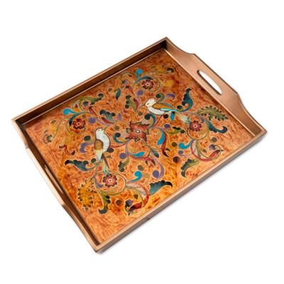 Countryside Garden,'Reverse Painted Glass Tray with Bird and Floral Motifs'
