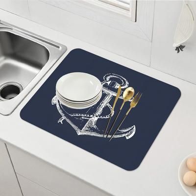 TEMU 1pc Nautical Anchor Design Super Absorbent Drain Mat - Large, Non-slip, Machine Washable, Multi-use For Kitchen Countertops, Bathroom & Restaurant - Splash Resistant, Ideal For Coffee Stations