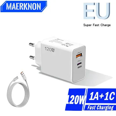 Total USB 120W Charger GaN Type C Fast Charging Cable Adapter For iPhone Xiaomi Samsung Oneplus Pixel Cellphones US/EU plug