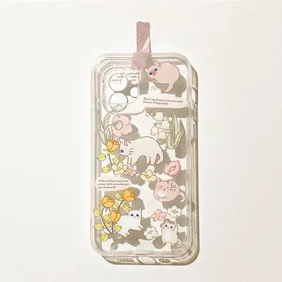 Luxury Flower Cat Pattern Phone Case For iPhone 16 15 14 13 12 11 Mini Pro Max X XR XSMax 7 8 Plus Clear Soft TPU Back Cover