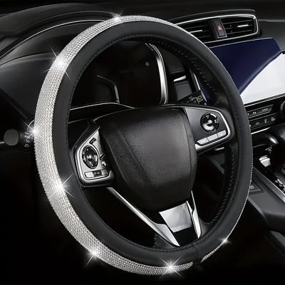 TEMU 1pc Bling Diamond Leather Steering Wheel Cover, Sparkling Rhinestone Universal -inch Wheel Protector With