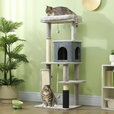 TEMU Cat Tree For Indoor Cats, 132cm Cat Tower With Scratching Posts And Pad, Cat Bed, Cat House, Jumping Platform, Grooming Brush, Toy Balls, Anti-tip Kit, Cat Climbing Frame, Light Grey