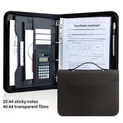 TEMU Bolony A4 Portfolio Ring Binder - Multifunctional Leather Zippered Padfolio With Handle - Business 's File Folder Organizer With Dual Notebook System
