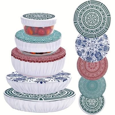 TEMU Set Of 5 Reusable Bowl Covers In Sizes Made From Stretchable Cloth Fabric, Designed For Elastic Food Storage. Ideal For Covering Dishes, Fruits, And In Kitchen Containers.