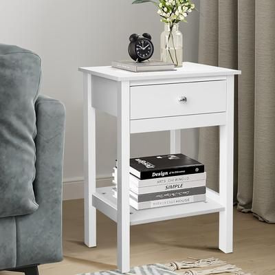 TEMU Chic White Wooden Nightstand With Drawer - Modern , Storage Space, Easy , 40x38x60cm - Ideal For Bedroom & Living Room, Trunks