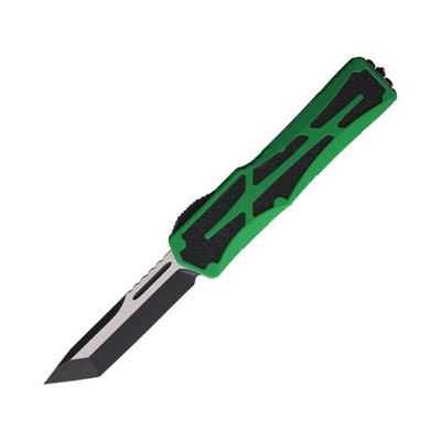 Heretic Knives Auto Colossus OTF Automatic Folding Knives 3.5in Black Stonewash/Satin Finish CPM MagnaCut Stainless Tanto Blade Green Aluminum Handle