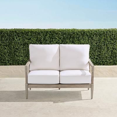 Winhill Loveseat with Cushions in Weathered Teak - Quick Dry, Charcoal - Frontgate