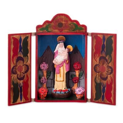 Saint Rose,'Hand-Painted Wood and Ceramic Saint Rose of Lima Retablo'
