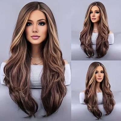TEMU Elegant 26-inch Long Curly Wave Full Wig, Heat-resistant Synthetic Fiber, Highlighted Dyed, Natural Look, Suitable For Daily Use And Beginners
