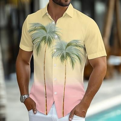 Per uomo Albero di cocco Colore sfumato Piante tropicali Camicia hawaiana Camicia con bottoni Camicia Aloha Manica corta Hawaiano Ricorrere Da mare Per eventi Abbigliamento mare Estate Primavera