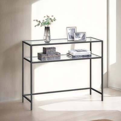 TEMU Console Table, Side Table, Tempered Glass Tabletop, Modern Sofa Table, 2 Shelves, For Living Room, Hallway, Space Saving, Vintage Style, Sturdy Construction, Versatile Use, Easy Assembly