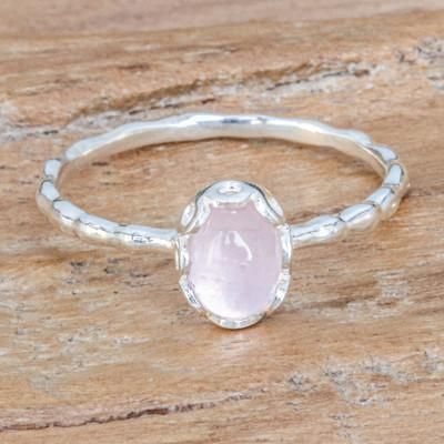 Delicate Branch,'Hammered Silver Solitaire Ring with Oval Rose Quartz Stone'