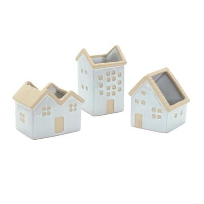 House Planter (Set of 3) 5.5"L x 4.75"H, 4.5"L x 5.5"H, 3.5"L x 6.25"H Porcelain by Melrose in White/brown
