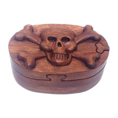 'Hand-Carved Pirate-Themed Suar Wood Puzzle Box from Bali'
