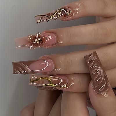 TEMU 24pcs Fashionable Long Square Press-on Nails Set, Mixed Brown Tones With , 3d Flower & Glitter Accents, Glossy French Tip Design, Includes Nail File & Jelly Glue, Women And Girls Daily Wear