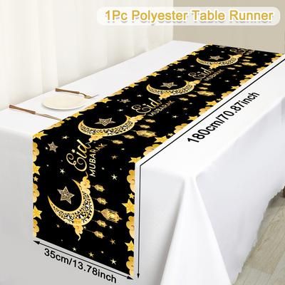 TEMU 1pc Polyester Table Runner - 100% Polyester Machine Made Black & Lantern Design For Ramadan & Eid Al-fitr Table Decoration, Fit Party Supplies
