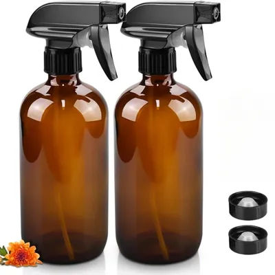 2 Pack Amber Glass Spray Bottles Refillable Empty Bottle for Essential Oils Plants Cleaning Hair Cosmetic Pump Liquid Dispenser