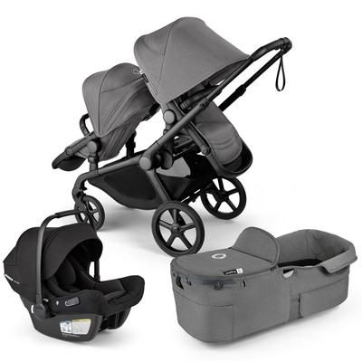 Bugaboo Kangaroo Double Stroller + Turtle Air Shield By Nuna Travel System Bundle - Black / Moon Gre