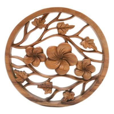 'Hand-Carved Wood Relief Panel with Frangipani and Leaf Motif'