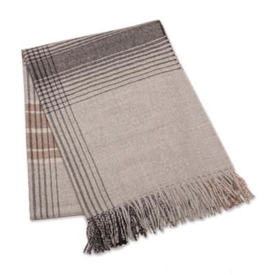Perfect Rest,'Striped Fringed Woven Grey and Brown 100% Baby Alpaca Throw'