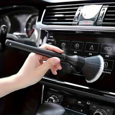 TEMU 1pc Soft Bristle Car Interior Detailing Brush - Black, Durable Plastic Handle With Fluffy Head For Efficient Dashboard & Touchscreen Cleaning, Car Brush