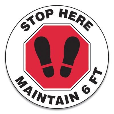 Accuform MFS388ESP Slip-Gard Social Distance Floor Signs, 12" Circle, "Stop Here Maintain 6 Ft", Footprint, Red/White, 25/Pack - Pack of 25 GN1MFS388