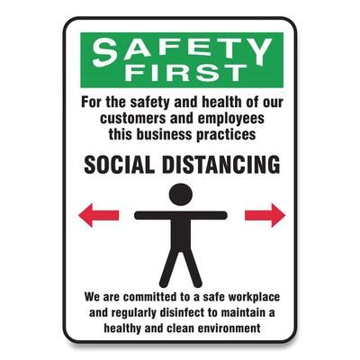 Accuform® MGNG909VPESP Social Distance Signs, Wall, 10 x 7, Customers and Employees Distancing Clean Environment, Humans/Arrows, Green/White, 10/P GN1