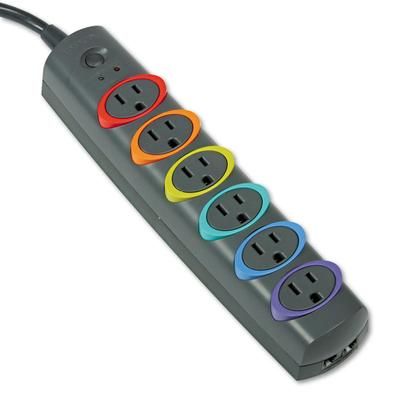 Kensington 62147 SmartSockets Color-Coded Strip Surge Protector, 6 Outlets, 7 ft Cord, 945 Joules