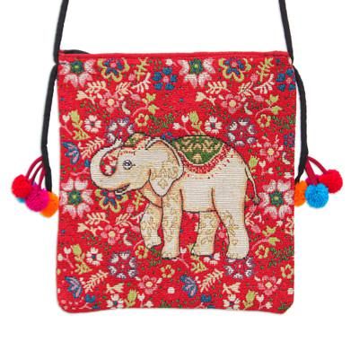 'Traditional Elephant-Themed Floral Red Sling with Pompoms'