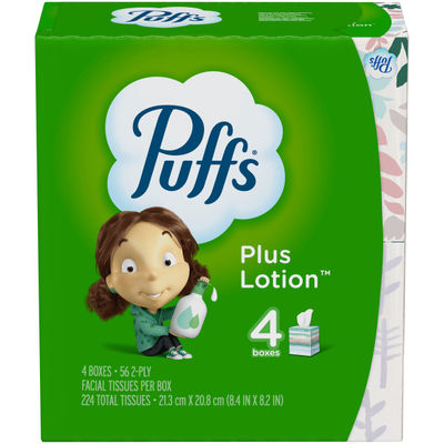 Puffs Plus Lotion 2-Ply Facial Tissues, White, 56 Sheets Per Box, Pack Of 4 Boxes