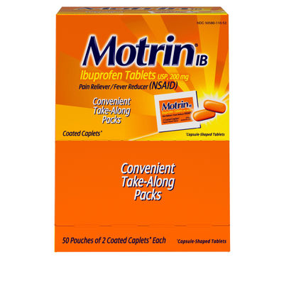 Motrin Ib, Ibuprofen 200Mg Tablets For Pain & Fever, 2 Tablets Per Packet, 50 Packets Per Box