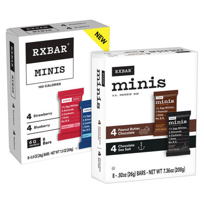 RXBAR MINIS Variety Protein Bars, Choc Sea Salt PB Choc & Strawberry Blueberry, 0.9 Oz, 8 Bars Per Box, Pack Of 2 Boxes