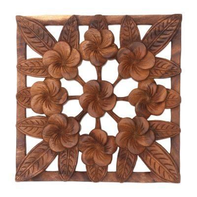 Interconnected Jepun,'Frangipani Flower Suar Wood Relief Panel from Bali'