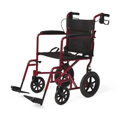 Medline Basic Aluminum Transport Chair with Permanent Full-Length Arms, Swing-Away Footrests and 12" Wheels, Red, 1/CS (MDS808210ARE)