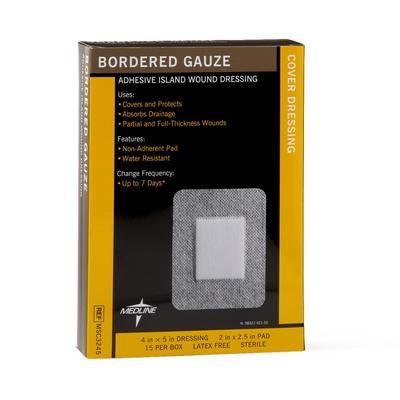 Medline Sterile Bordered Gauze Adhesive Island Wound Dressing, 4" x 5" with 2" x 2.5" Pad, 15/BX (MSC3245Z)