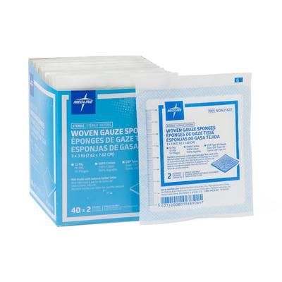 Medline Woven Sterile Gauze Sponges, 3" x 3", 12-Ply, 2/Pack, 2400/CS (NON21422)